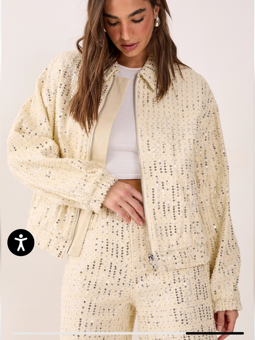Denim Womena Sequin Zip-Up Jacket in Cream - Nasty Gal Size 10 Large/Extra Large - Picture 6 of 7